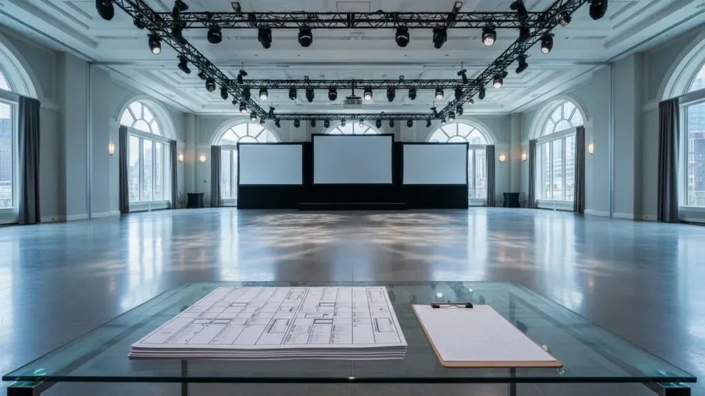 Event venue selection NYC checklist on a table inside a modern corporate venue