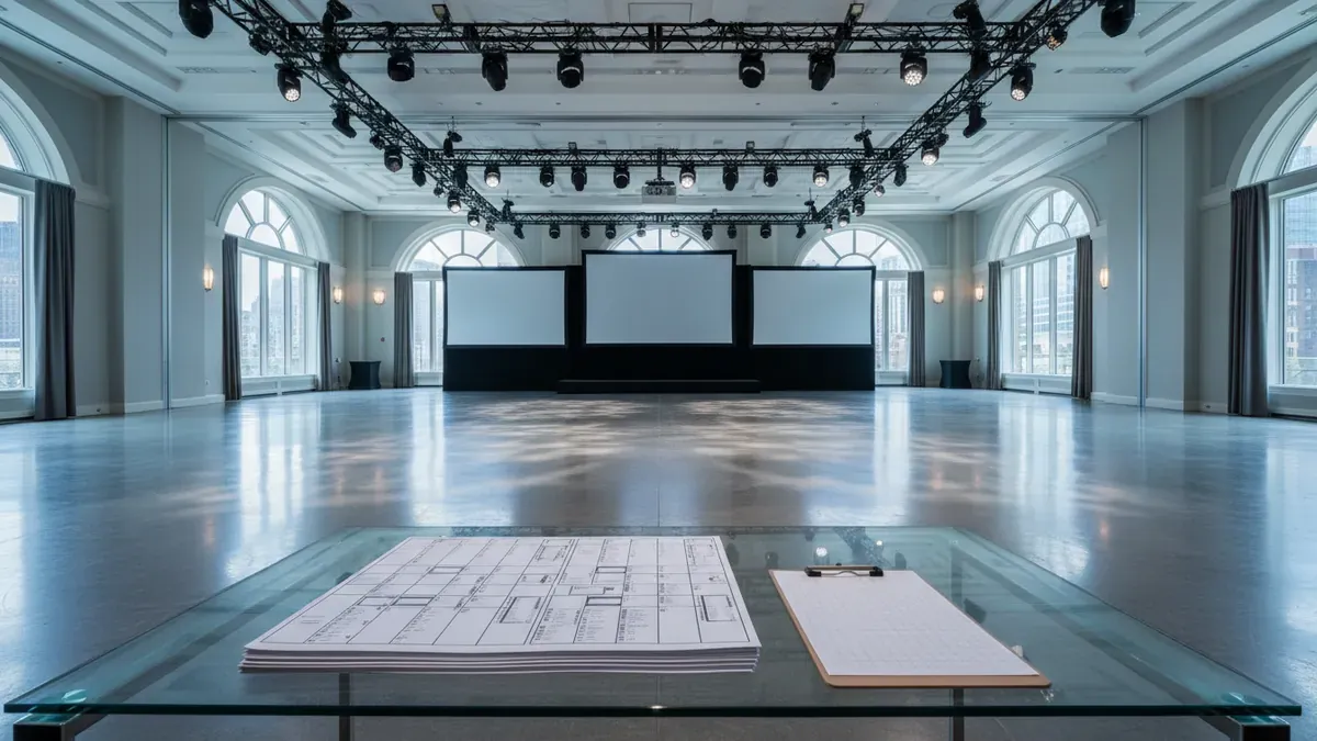 Event venue selection NYC checklist on a table inside a modern corporate venue