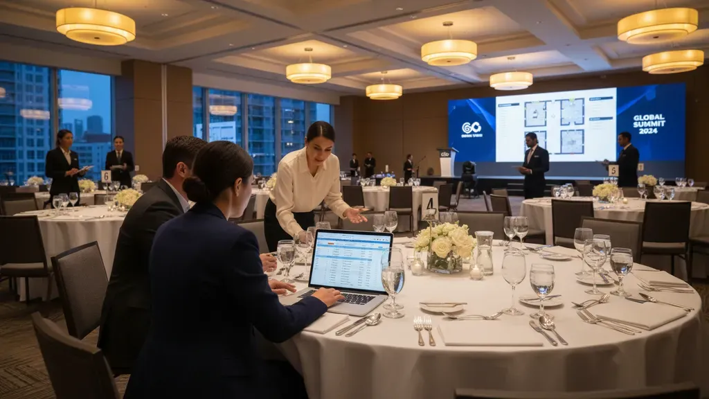 Corporate event planners reviewing a budget spreadsheet for an upcoming conference