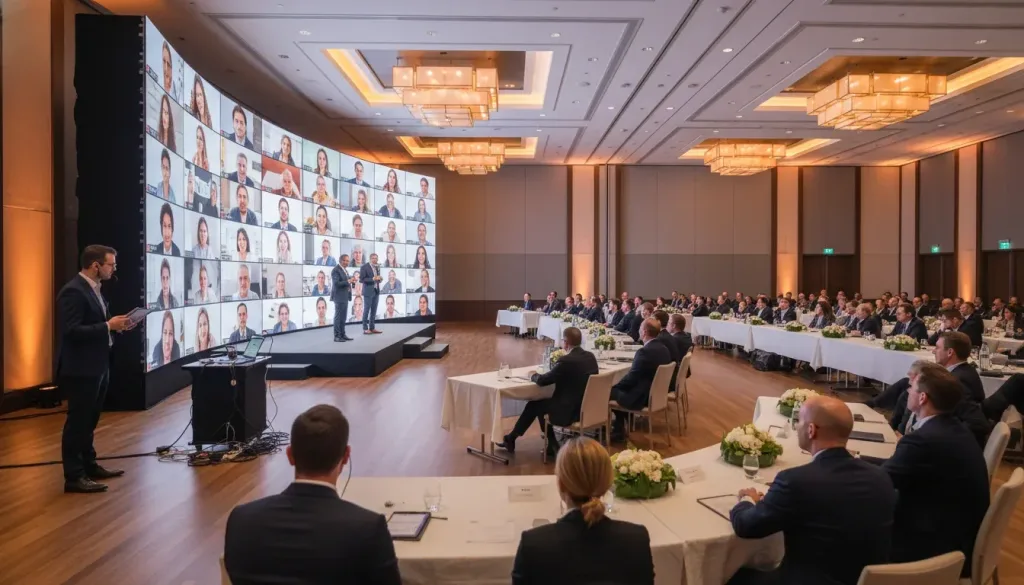 Hybrid event planning guide showing an in-person conference with remote attendees on a video wall