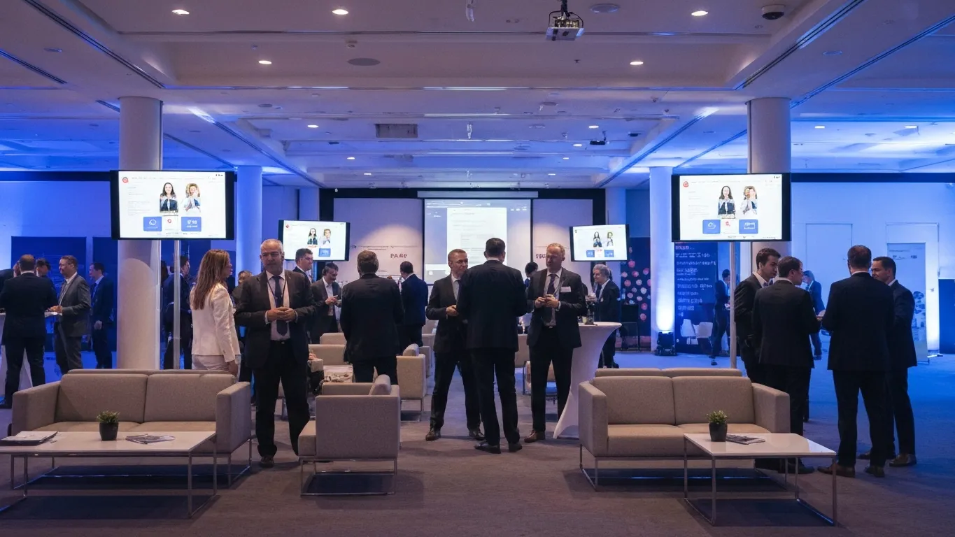 Event professionals networking at a conference with social media displays and warm lighting