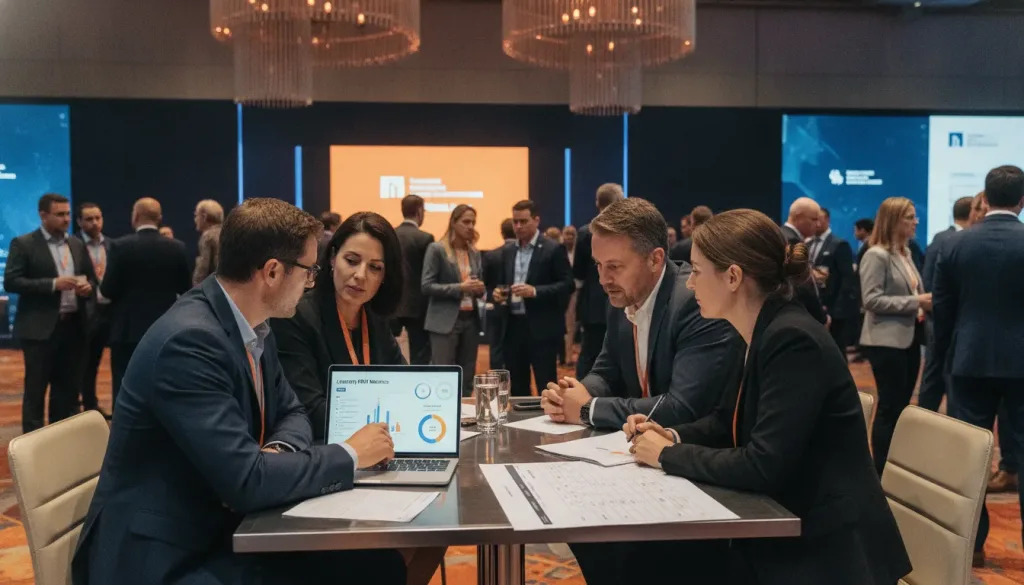 Corporate event team reviewing conference learning ROI metrics