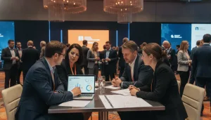 Corporate event team reviewing conference learning ROI metrics