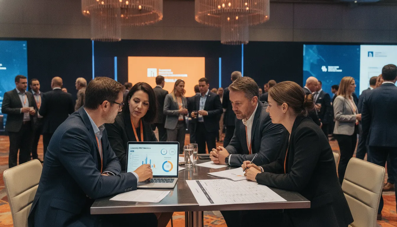 Corporate event team reviewing conference learning ROI metrics