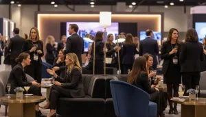 Executives using a conference networking strategy in an Expo lounge