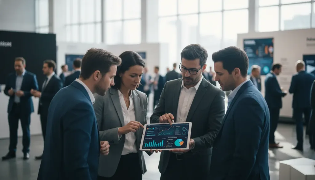 Corporate leaders reviewing an event ROI measurement dashboard at an expo