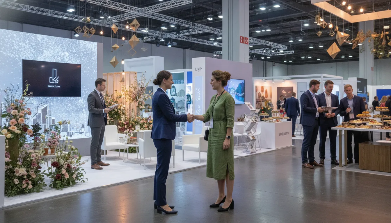 Corporate event planner meeting vendors at a trade show