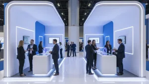 Modern trade show booth designed to welcome corporate event buyers
