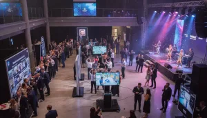 Attendees engaging with interactive entertainment at a corporate event