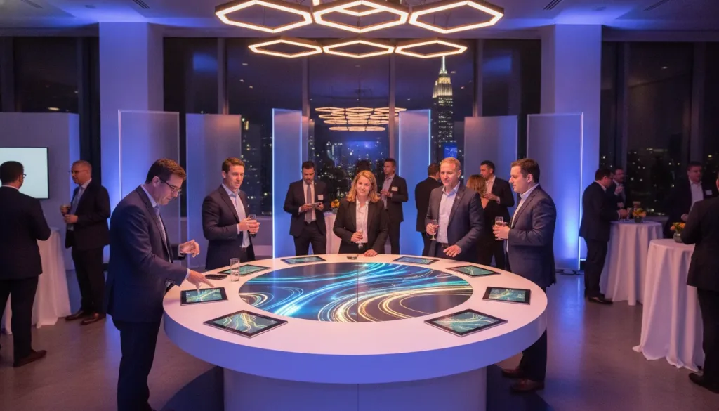 Professionals engaging with an interactive conference sponsorship activation