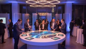 Professionals engaging with an interactive conference sponsorship activation