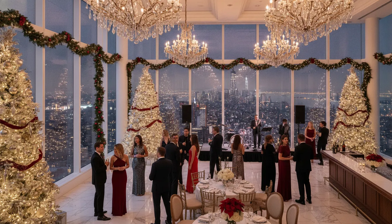 Elegant NYC corporate holiday party venue with festive decor and city skyline views