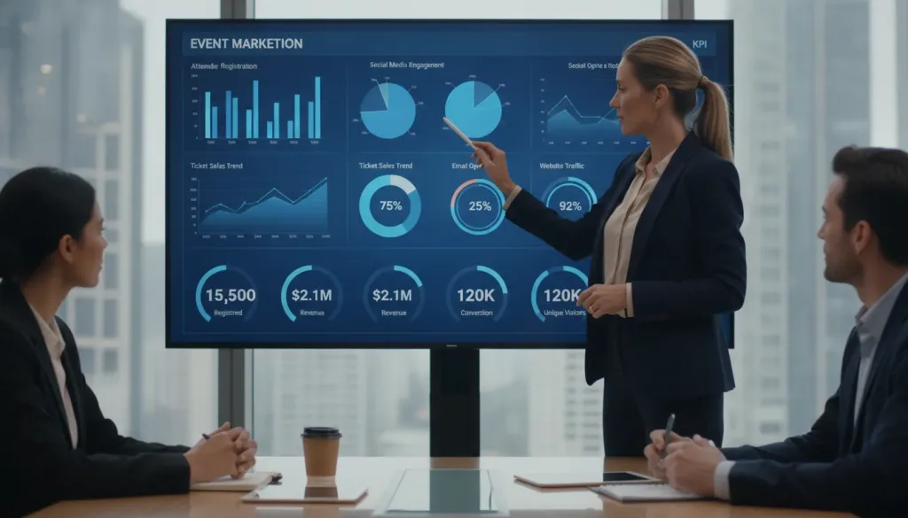Event marketing professional analyzing KPI dashboard with charts and growth metrics