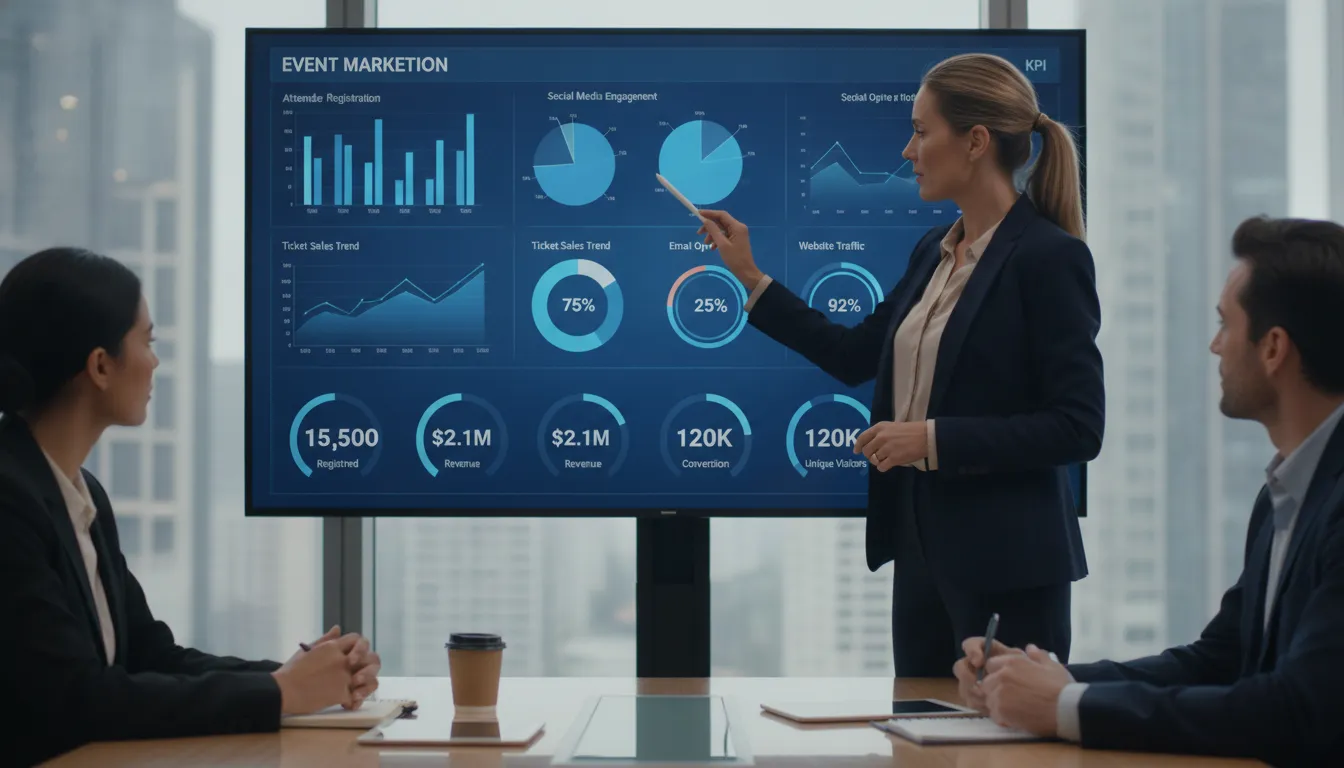 Event marketing professional analyzing KPI dashboard with charts and growth metrics