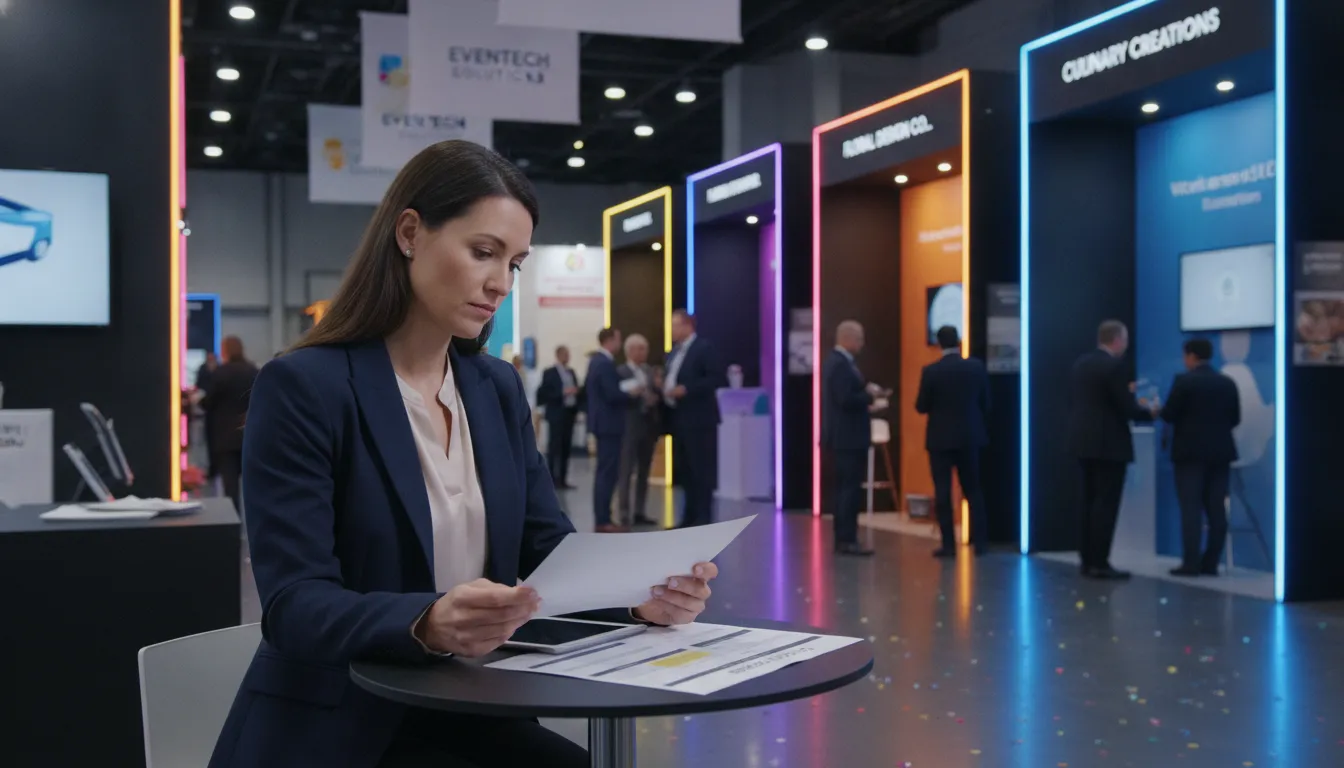 Corporate event planner meticulously reviewing a trade show exhibitor vendor shortlist