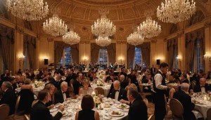 Elegant black-tie gala dinner in a grand NYC ballroom with crystal chandeliers and formal catering service