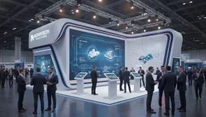Modern B2B trade show booth with interactive displays, branded graphics, and engaged corporate attendees
